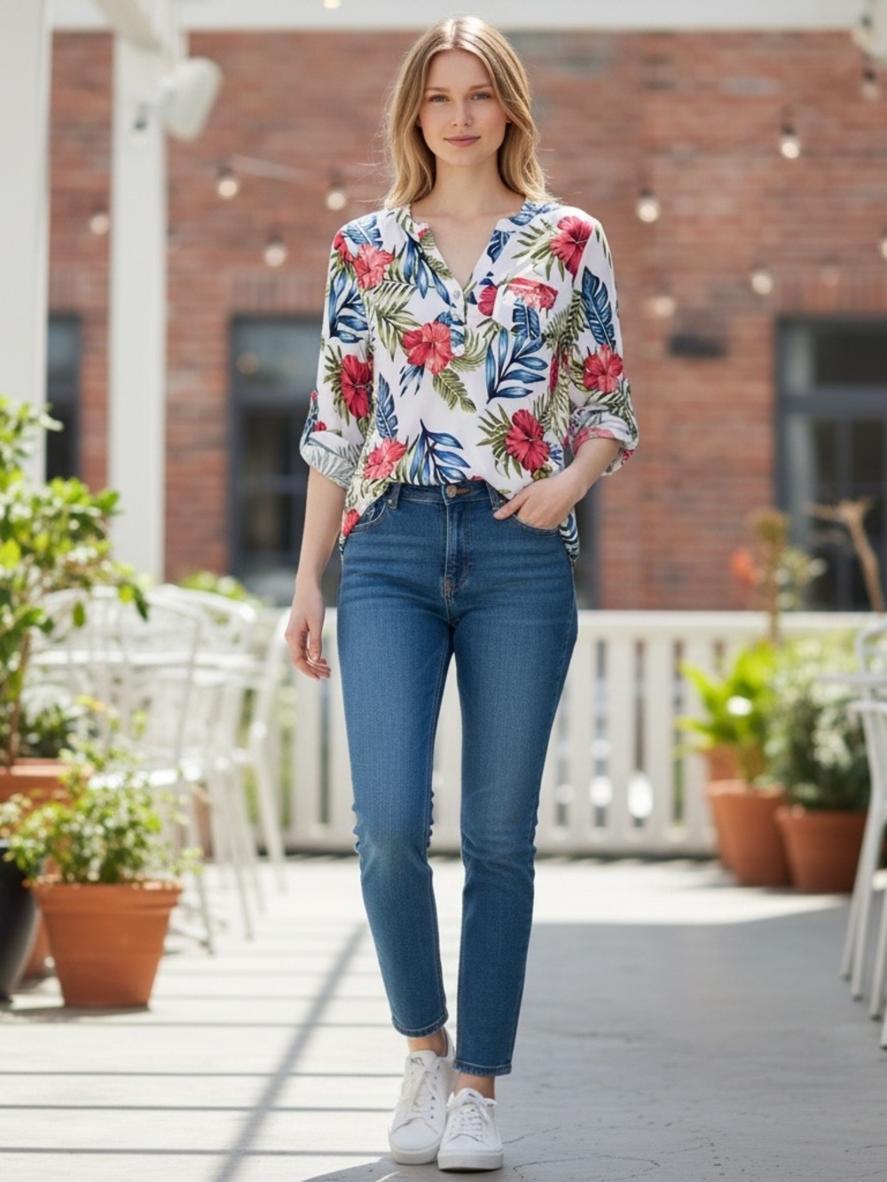 DNA couture Floral V-Neck Roll-Tab Blouse in White, Red & Blue